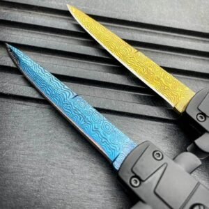 9 Zoll Automesser Italienisches Stiletto-Stil OTF-Messer Damascus Etch – Bild 6