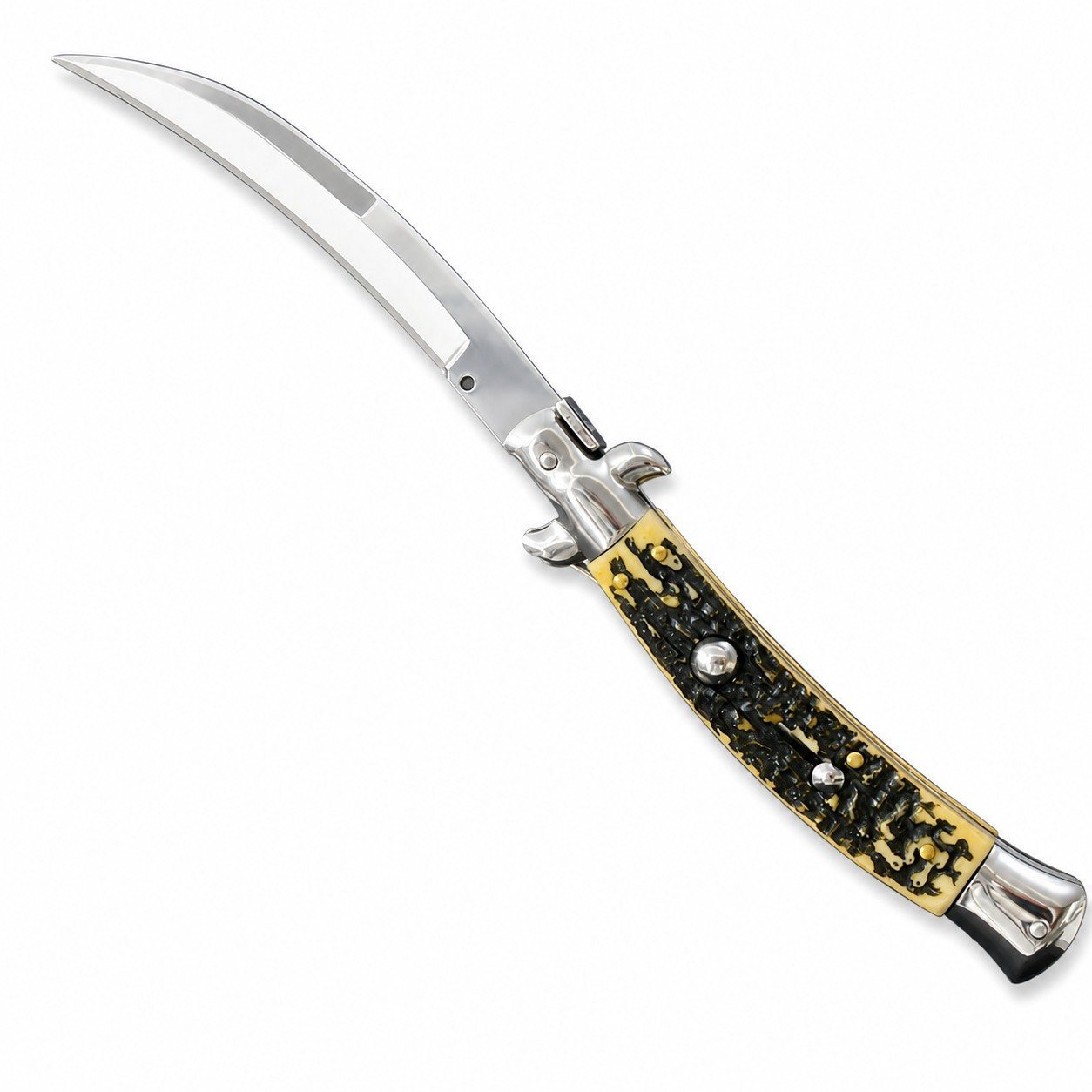 44553-main-white-clean 9 Zoll italienisches Stiletto-Messer – Springmesser mit Griff aus künstlichem Hirschknochen